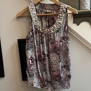 Larry Levine Y2K Pearl Trimmed Sleeveless Paisley Blouse sz S